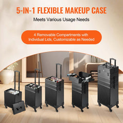VEVOR 5 in 1 Professional Makeup Train Case Aluminum Cosmetic Case, Rolling Makeup Case Extra Large Trolley Makeup