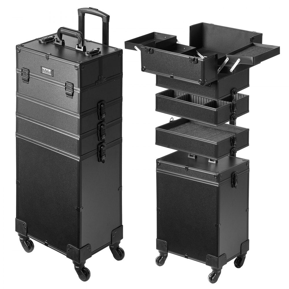 VEVOR 5 in 1 Professional Makeup Train Case Aluminum Cosmetic Case, Rolling Makeup Case Extra Large Trolley Makeup