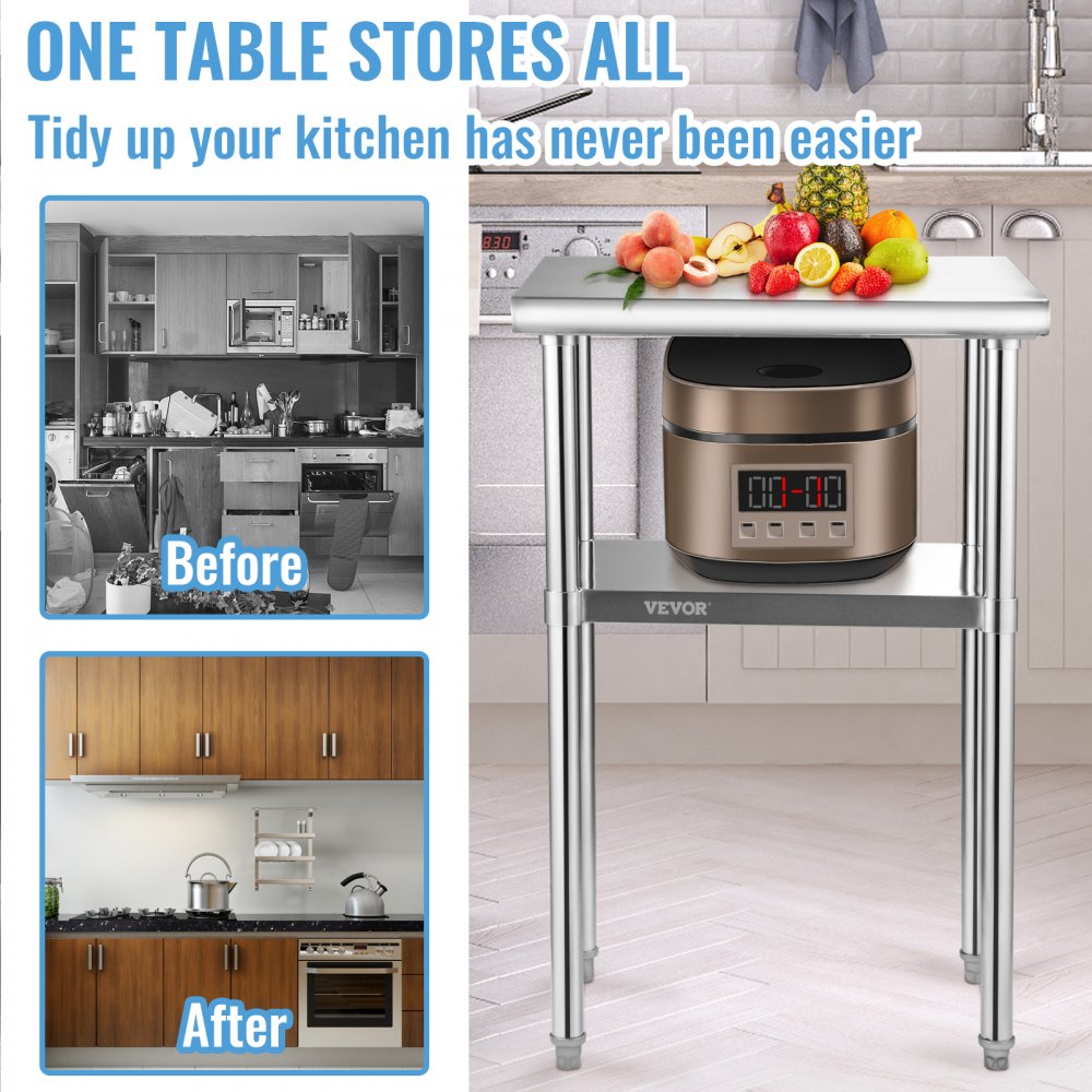 VEVOR Stainless Steel Prep Table, 24 x 18 x 36 Inch, 600lbs Load Capacity Heavy Duty Metal Worktable with Adjustable