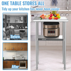 VEVOR Stainless Steel Prep Table, 24 x 18 x 36 Inch, 600lbs Load Capacity Heavy Duty Metal Worktable with Adjustable