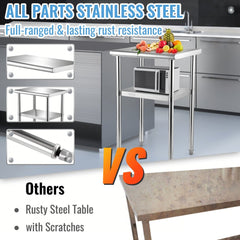 VEVOR Stainless Steel Prep Table, 24 x 18 x 36 Inch, 600lbs Load Capacity Heavy Duty Metal Worktable with Adjustable