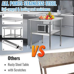 VEVOR Stainless Steel Prep Table, 30 x 30 x 36 Inch, 800lbs Load Capacity Heavy Duty Metal Worktable with Adjustable
