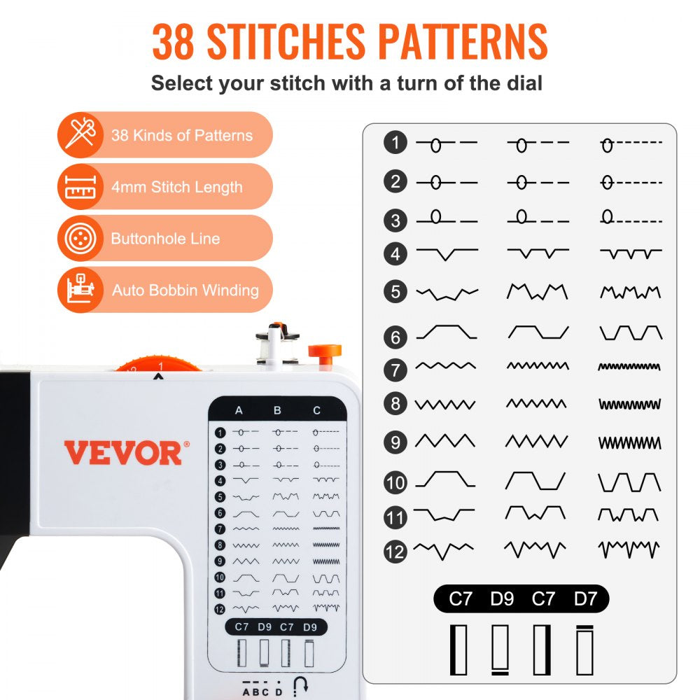 VEVOR Sewing Machine, Portable Sewing Machine for Beginners with 38 Built-in Stitches & Reverse Sewing, Dual Speed