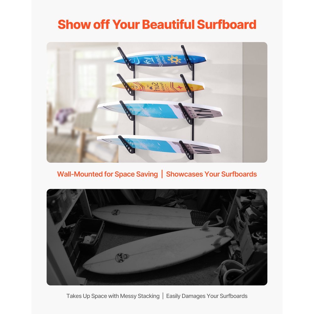 VEVOR Surfboard Wall Mount, 4 Tiers Horizontal Surfboard Rack for Storage and Display, Adjustable Height Metal Board