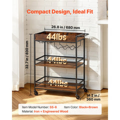 VEVOR Bar Cart, 3 Tiers Home Kitchen Serving Carts, Industrial Rolling Utility Station on Wheel, Mobile Drink Beverage