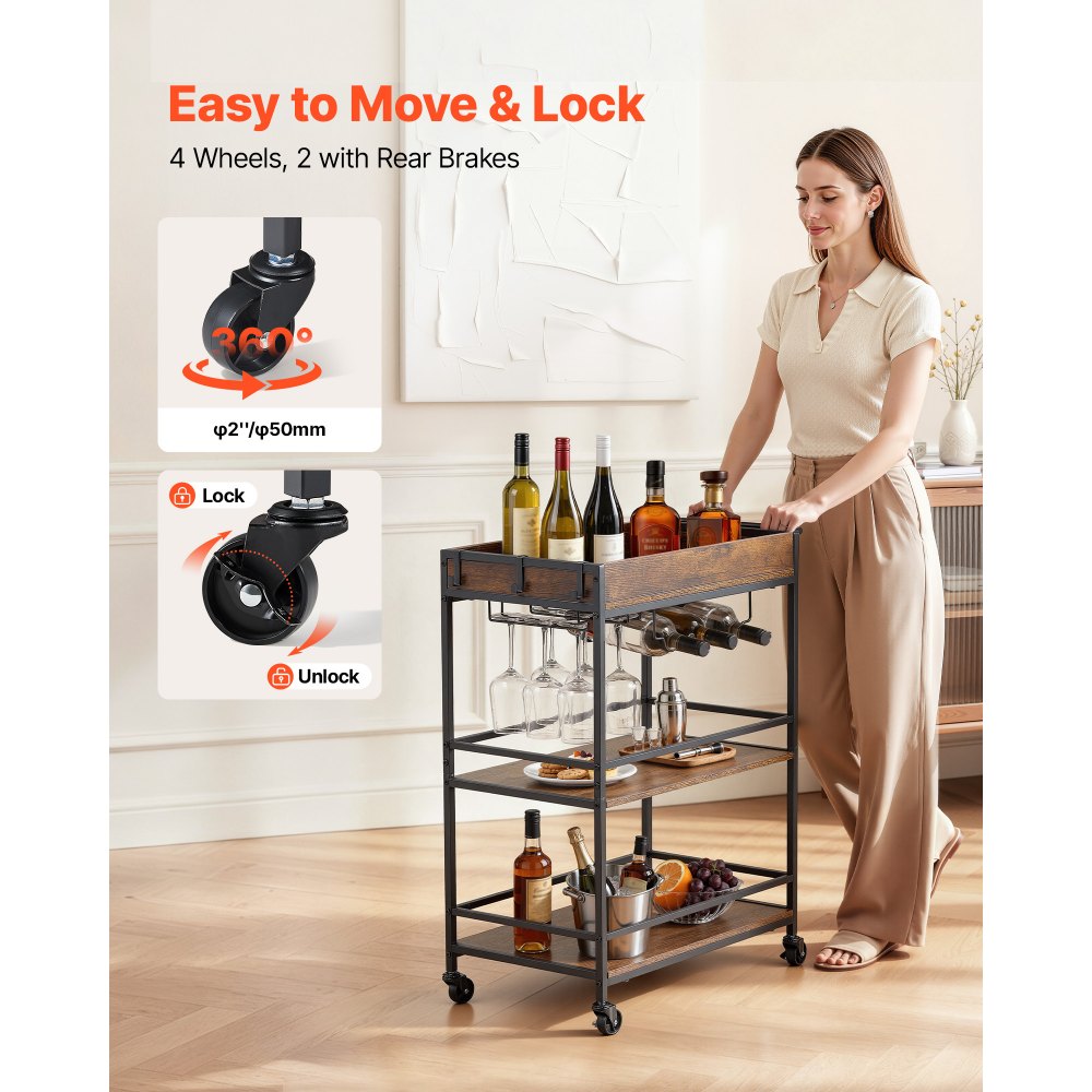 VEVOR Bar Cart, 3 Tiers Home Kitchen Serving Carts, Industrial Rolling Utility Station on Wheel, Mobile Drink Beverage