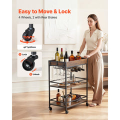 VEVOR Bar Cart, 3 Tiers Home Kitchen Serving Carts, Industrial Rolling Utility Station on Wheel, Mobile Drink Beverage