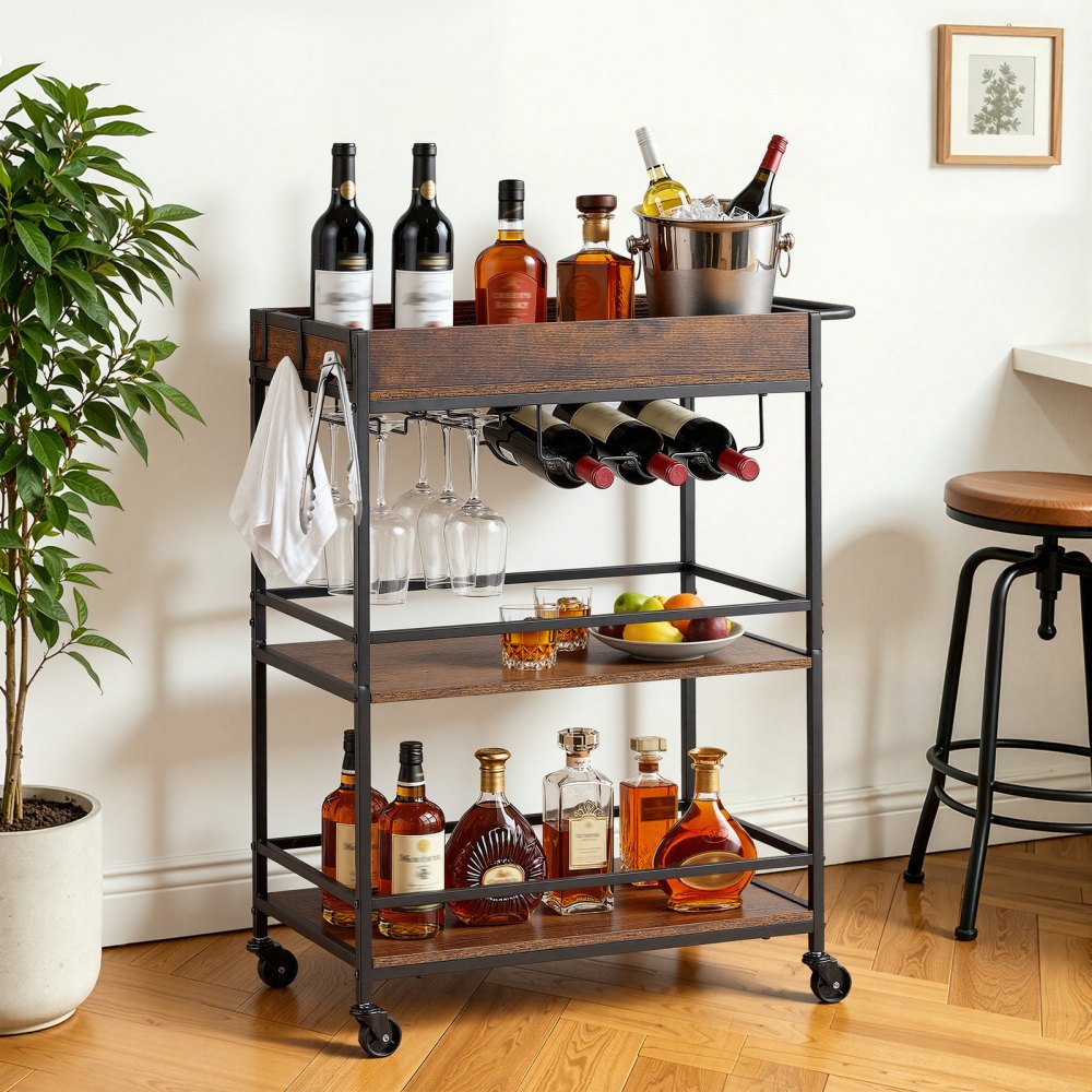 VEVOR Bar Cart, 3 Tiers Home Kitchen Serving Carts, Industrial Rolling Utility Station on Wheel, Mobile Drink Beverage