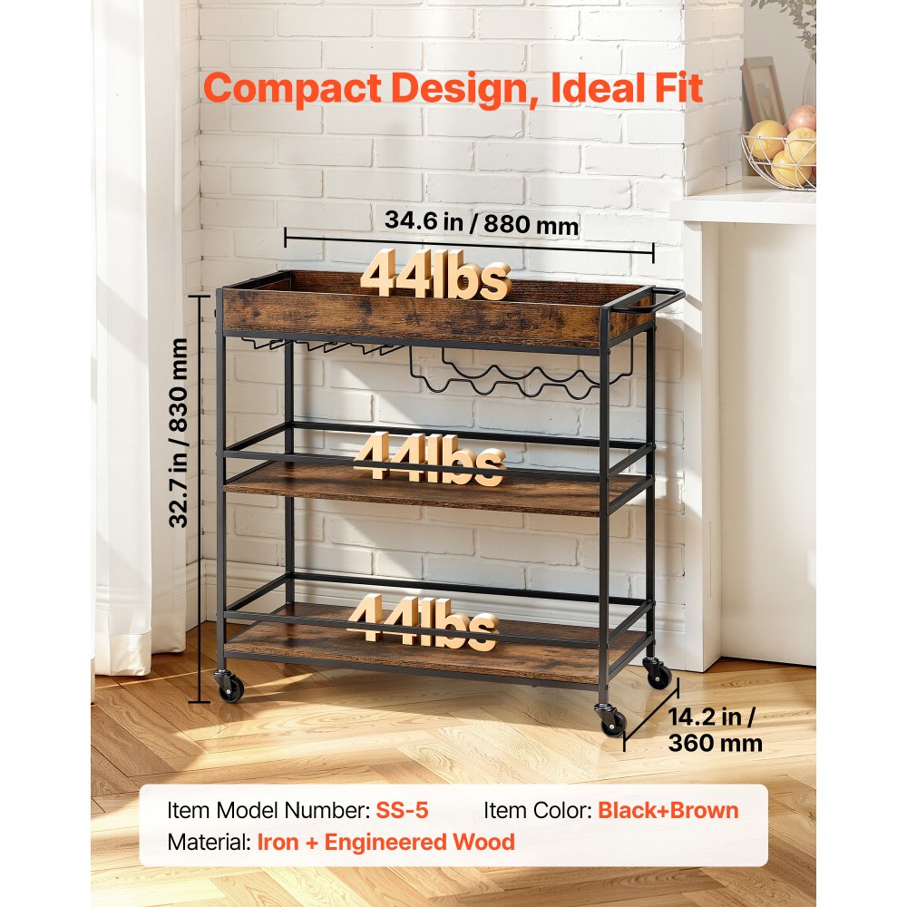 VEVOR Bar Cart, 3 Tiers Home Kitchen Serving Carts, Industrial Rolling Utility Station on Wheel, Mobile Drink Beverage