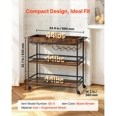 VEVOR Bar Cart, 3 Tiers Home Kitchen Serving Carts, Industrial Rolling Utility Station on Wheel, Mobile Drink Beverage