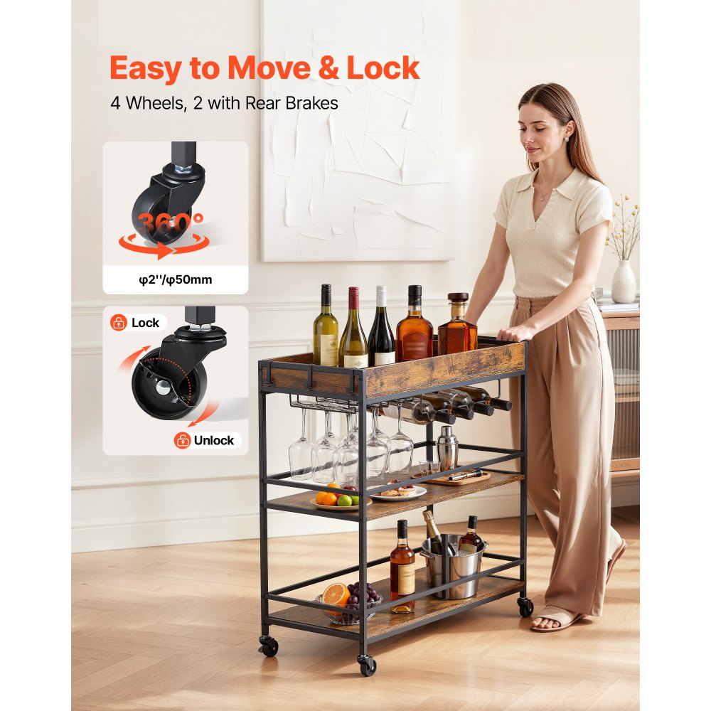 VEVOR Bar Cart, 3 Tiers Home Kitchen Serving Carts, Industrial Rolling Utility Station on Wheel, Mobile Drink Beverage