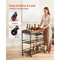 VEVOR Bar Cart, 3 Tiers Home Kitchen Serving Carts, Industrial Rolling Utility Station on Wheel, Mobile Drink Beverage