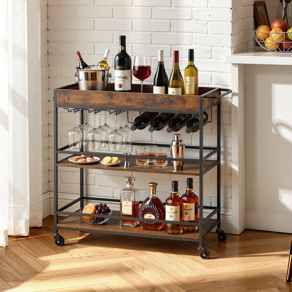 VEVOR Bar Cart, 3 Tiers Home Kitchen Serving Carts, Industrial Rolling Utility Station on Wheel, Mobile Drink Beverage