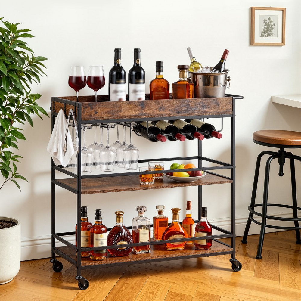 VEVOR Bar Cart, 3 Tiers Home Kitchen Serving Carts, Industrial Rolling Utility Station on Wheel, Mobile Drink Beverage