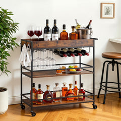 VEVOR Bar Cart, 3 Tiers Home Kitchen Serving Carts, Industrial Rolling Utility Station on Wheel, Mobile Drink Beverage