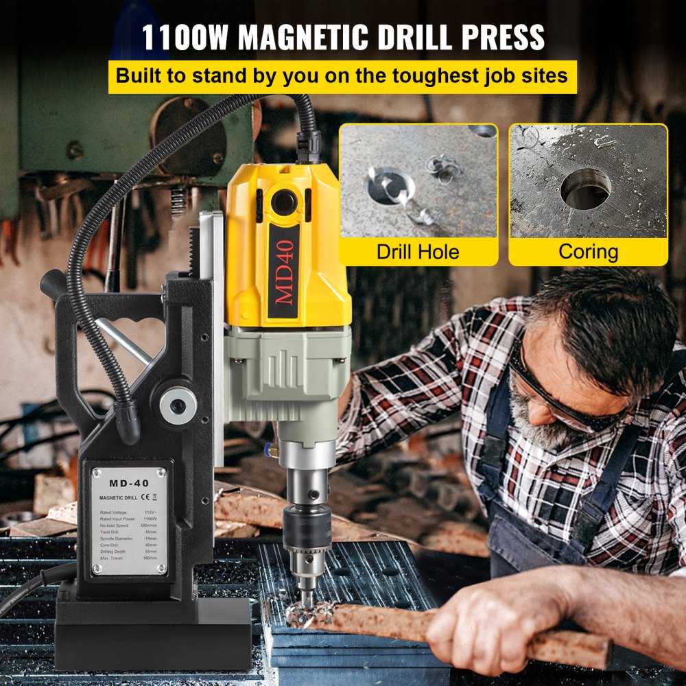 VEVOR Magnetic Drill, 1100W 1.57" Boring Diameter, 2697lbf/12000N Portable Electric Mag Drill Press with 12 Drilling