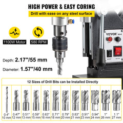 VEVOR Magnetic Drill, 1100W 1.57" Boring Diameter, 2697lbf/12000N Portable Electric Mag Drill Press with 12 Drilling