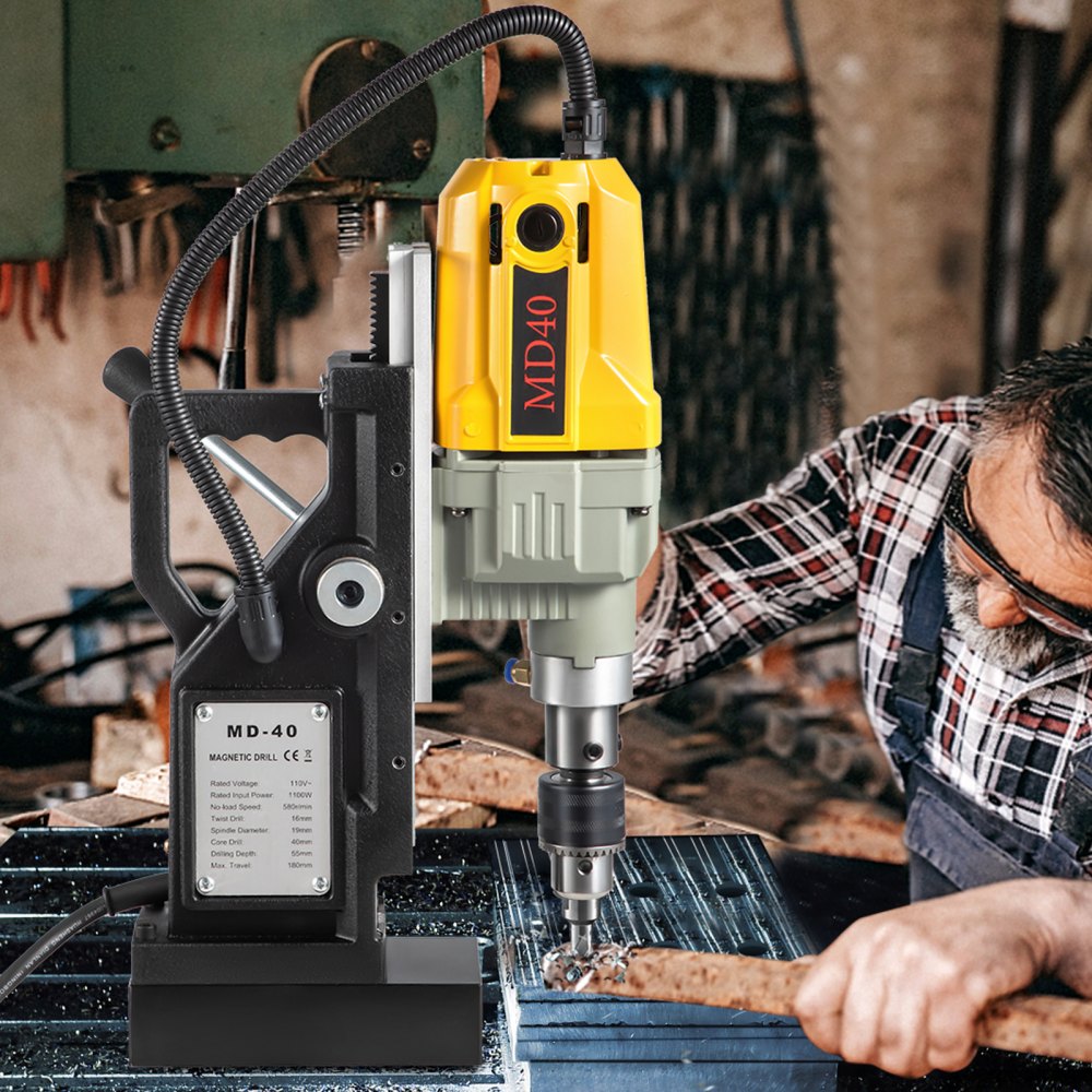 VEVOR Magnetic Drill, 1100W 1.57" Boring Diameter, 2697lbf/12000N Portable Electric Mag Drill Press with 12 Drilling
