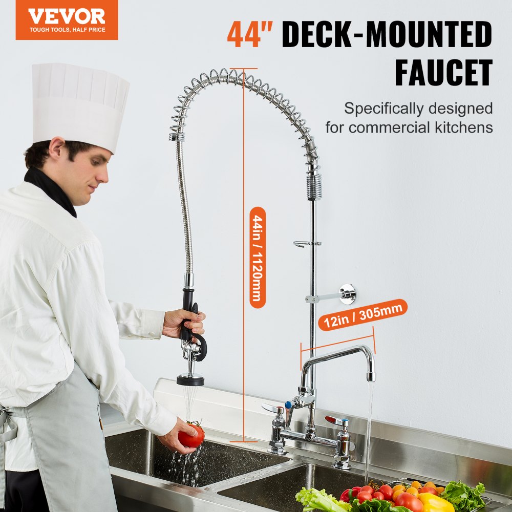 VEVOR Industrial Sink Faucet, 44" Tall, 8" Install Space, 12" Rotating Spout, Surface Mount, Brass-Made with Extendable