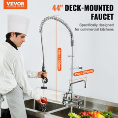 VEVOR Industrial Sink Faucet, 44" Tall, 8" Install Space, 12" Rotating Spout, Surface Mount, Brass-Made with Extendable