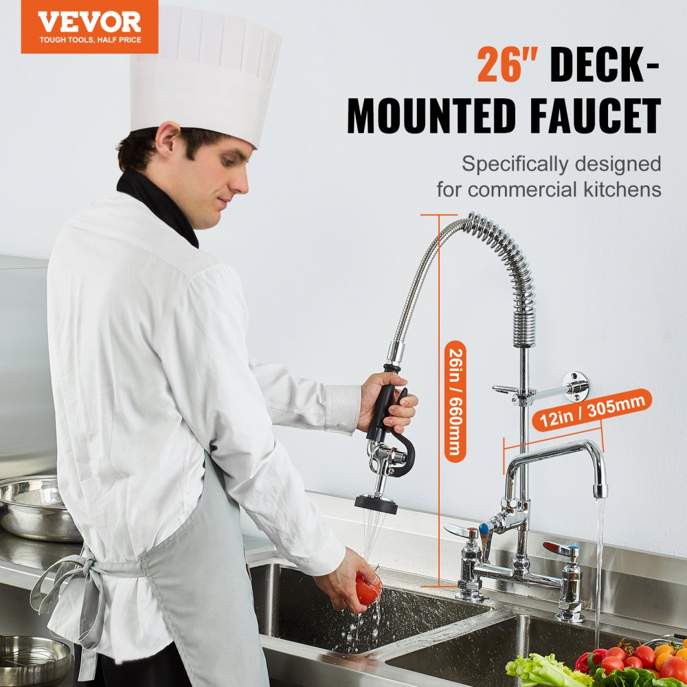 VEVOR Commercial Faucet with Pre-Rinse Sprayer, 26" Height, 8" Center, 12" Swing Spout, Deck Mount Kitchen Sink Faucet