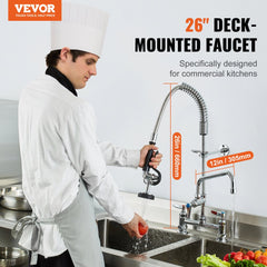 VEVOR Commercial Faucet with Pre-Rinse Sprayer, 26" Height, 8" Center, 12" Swing Spout, Deck Mount Kitchen Sink Faucet