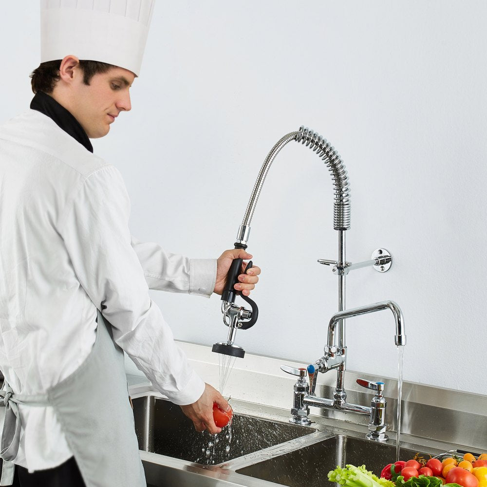 VEVOR Commercial Faucet with Pre-Rinse Sprayer, 26" Height, 8" Center, 12" Swing Spout, Deck Mount Kitchen Sink Faucet