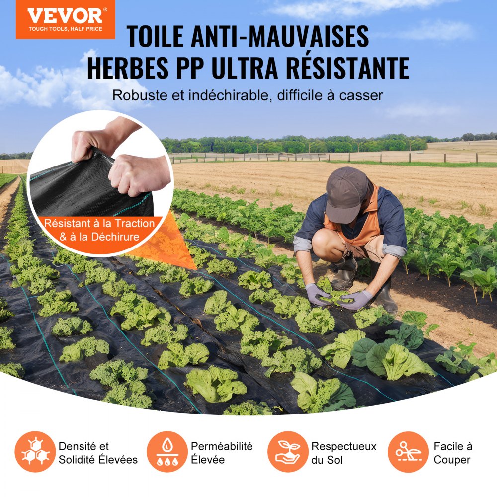 VEVOR Weed Barrier Landscape Fabric, 3.28*164FT Heavy Duty Garden Weed Fabric, Woven PP Weed Control Fabric, Driveway