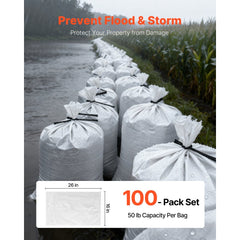 VEVOR Empty Sandbags, 100 Packs 16 x 26 in, Heavy Duty Sand Bags Sacks with Ties, 50lb Capacity Woven Polypropylene