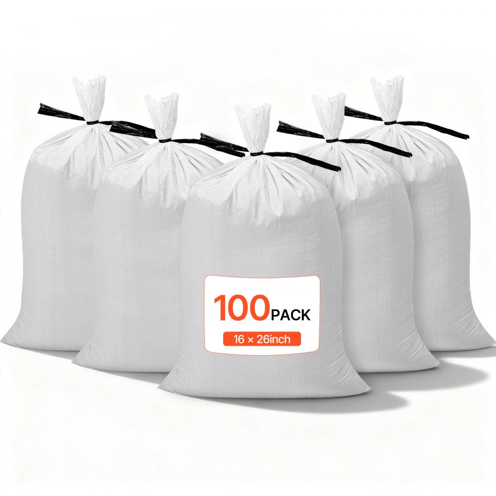 VEVOR Empty Sandbags, 100 Packs 16 x 26 in, Heavy Duty Sand Bags Sacks with Ties, 50lb Capacity Woven Polypropylene