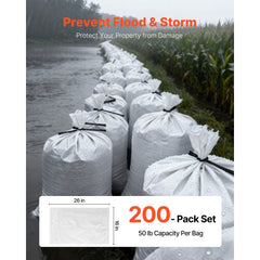 VEVOR Empty Sandbags, 200 Packs 16 x 26 in, Heavy Duty Sand Bags Sacks with Ties, 50lb Capacity Woven Polypropylene