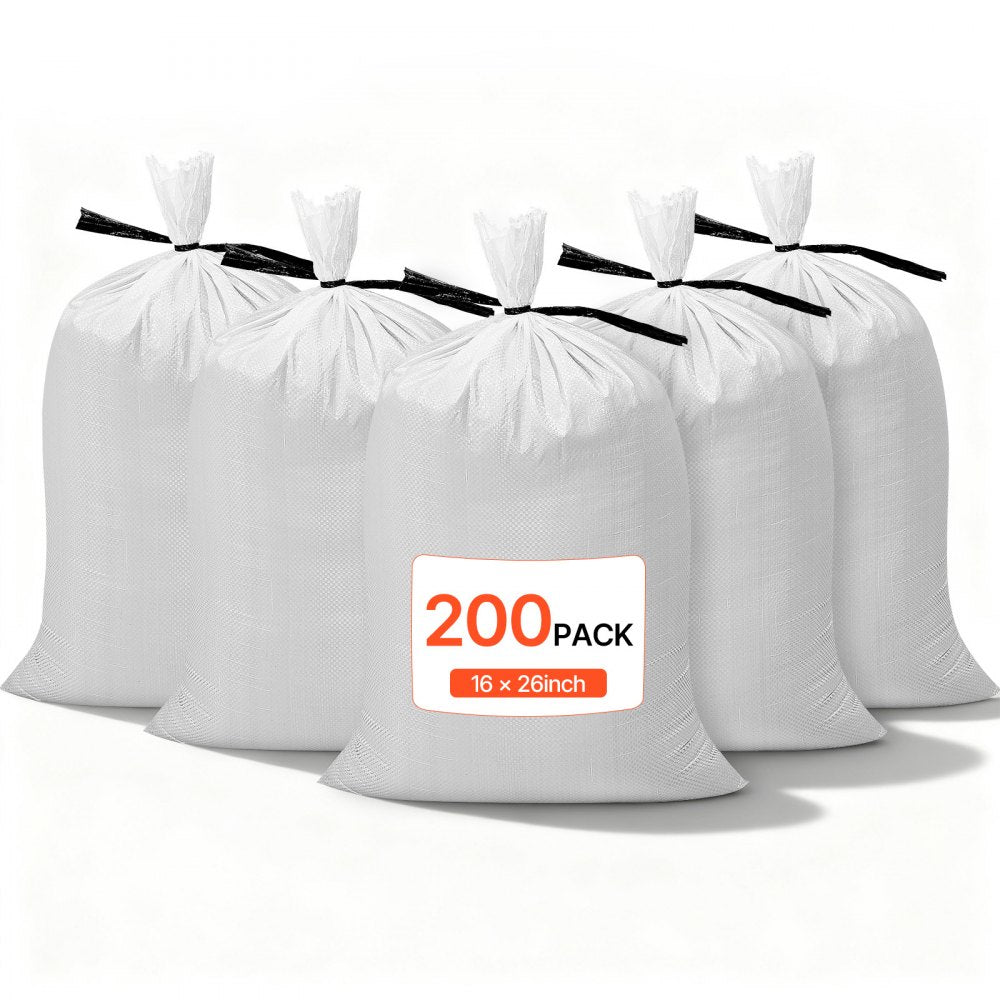 VEVOR Empty Sandbags, 200 Packs 16 x 26 in, Heavy Duty Sand Bags Sacks with Ties, 50lb Capacity Woven Polypropylene