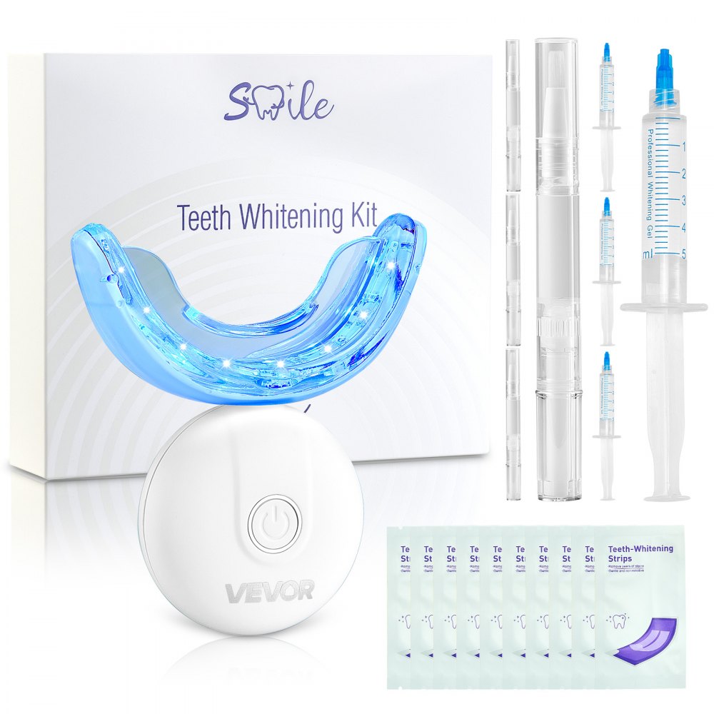 VEVOR Teeth Whitening Kit with LED Light, 32 LED Accelerator Lights, Whitening Strips, Pens and Gel Syringes, U-Shaped