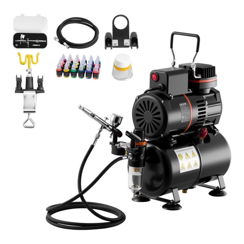 VEVOR Airbrush Kit, 1/6 HP, Air Brush Kit with Air Compressor and Tank, 1 Dual-Action Professional Airbrush with 1 Tip