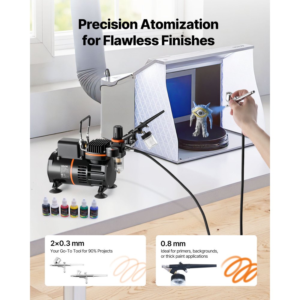 VEVOR Airbrush Kit, 1/6 HP, Air Brush Kit with Air Compressor, 3 Dual-Action Professional Airbrushes with 3 Tips, Hose