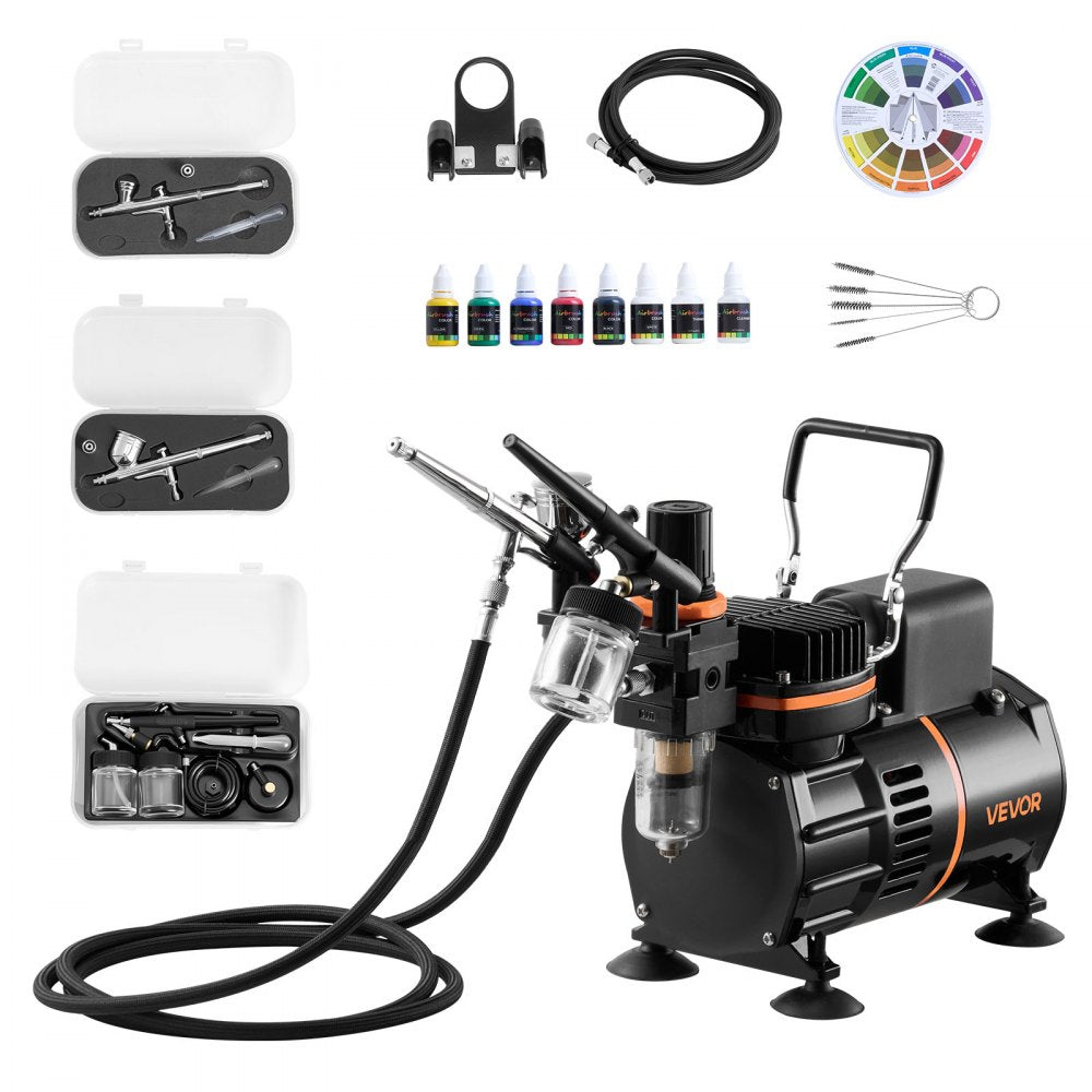 VEVOR Airbrush Kit, 1/6 HP, Air Brush Kit with Air Compressor, 3 Dual-Action Professional Airbrushes with 3 Tips, Hose