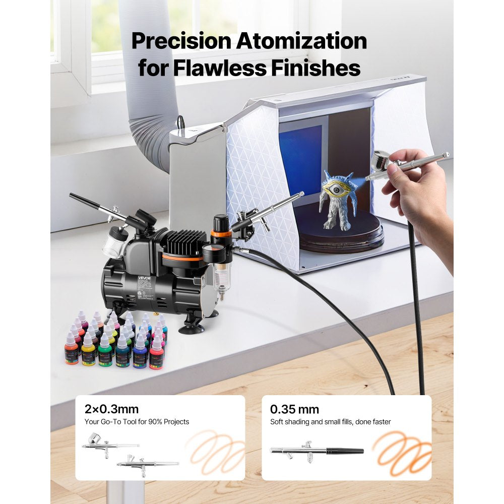 VEVOR Airbrush Kit, 1/6 HP, Air Brush Kit with Air Compressor, 3 Dual-Action Professional Airbrushes with 3 Tips, Hose
