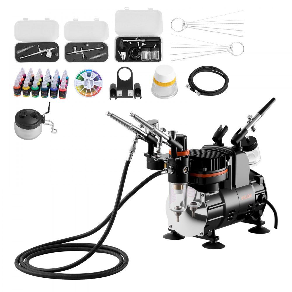 VEVOR Airbrush Kit, 1/6 HP, Air Brush Kit with Air Compressor, 3 Dual-Action Professional Airbrushes with 3 Tips, Hose