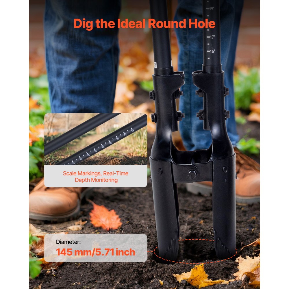 VEVOR Post Hole Digger, Heavy Duty Post Hole Digger with Fiberglass Handle, Manual Hole Digger with Scale Markings and