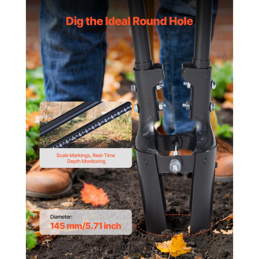 VEVOR Post Hole Digger, Heavy Duty Post Hole Digger with Carbon Steel Handle, Manual Hole Digger with Scale Markings