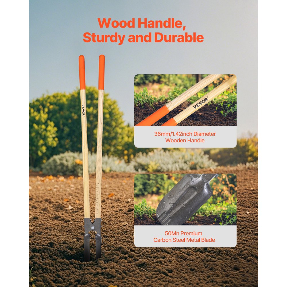 VEVOR Post Hole Digger, Heavy Duty Post Hole Digger with Wood Handle, Manual Hole Digger with Scale Markings and Metal