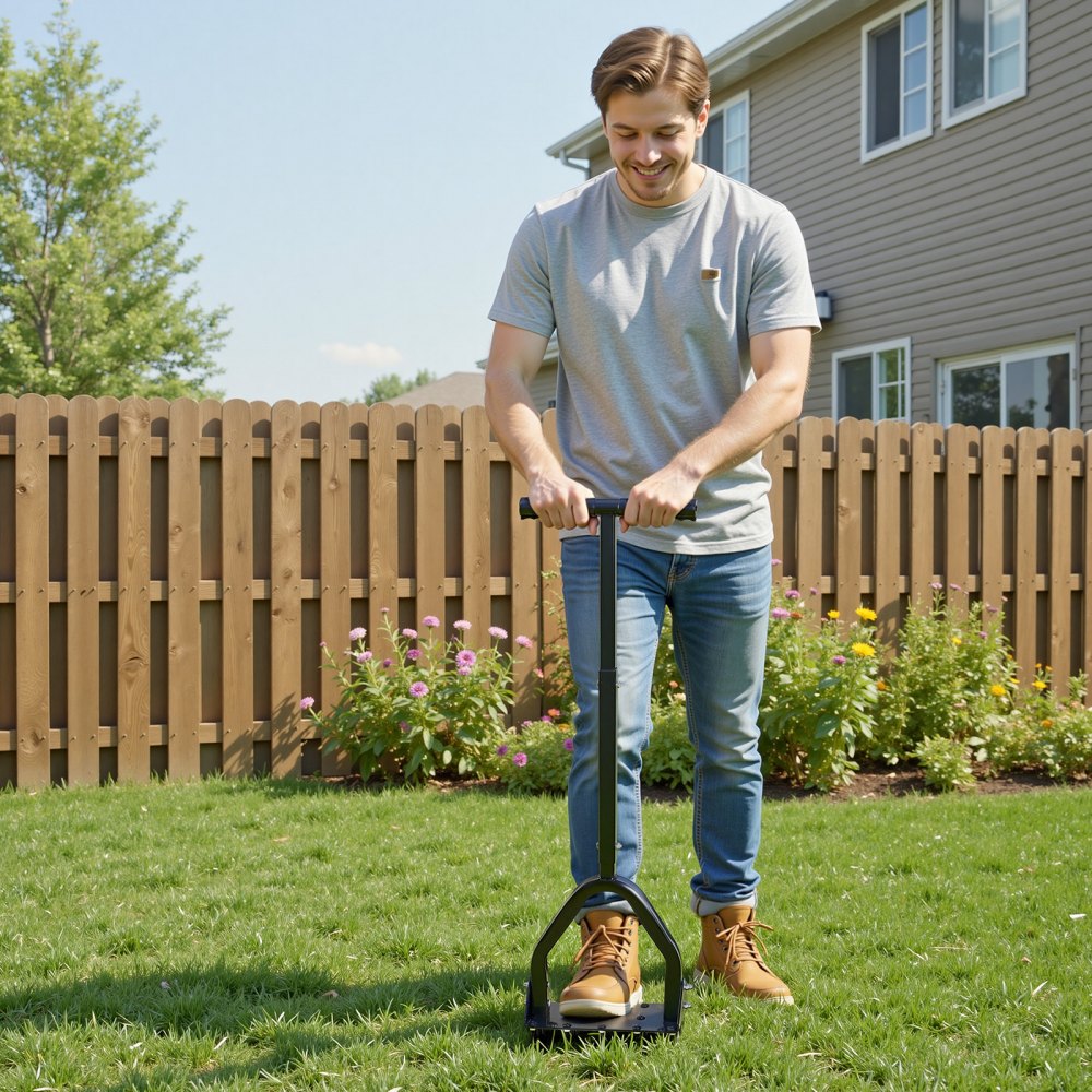 VEVOR Lawn Aerator, 9.2 in Manual Core Aerator Tool with 15 Iron Spikes, Long Handle & Wide Plate, Heavy Duty Grass