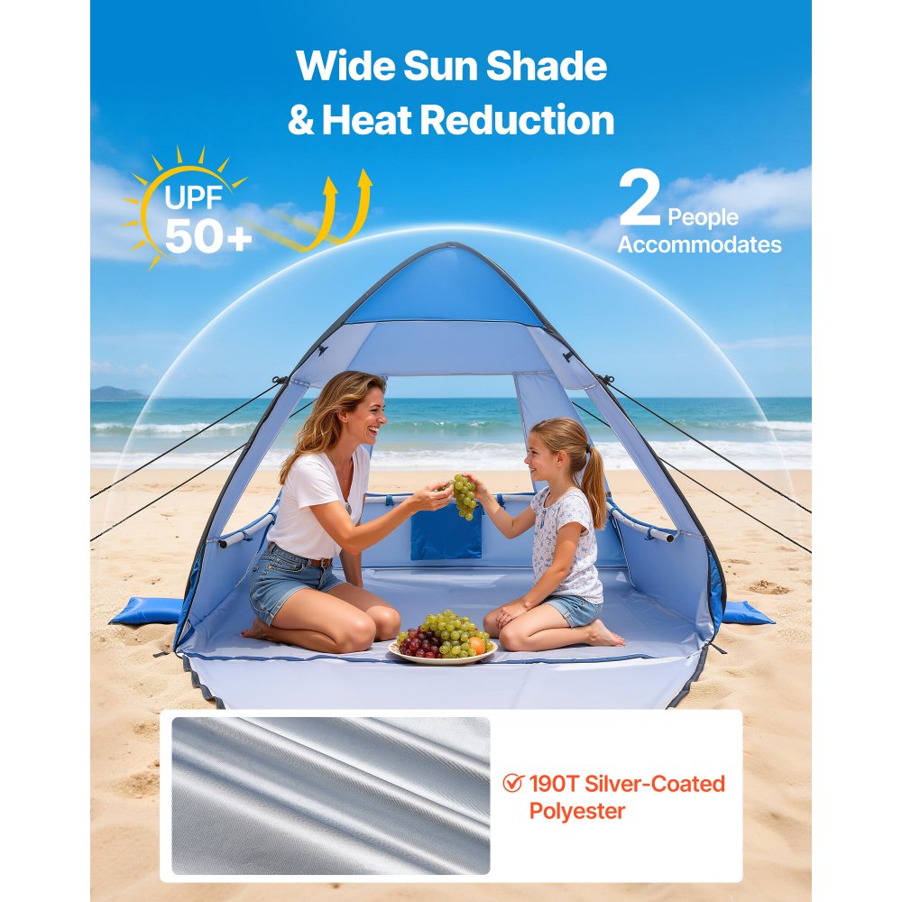 VEVOR Beach Tent Sun Shelter for 2 Person, UPF 50+ Protection, Portable Sun Shade Canopy with Carrying Bag & Sand