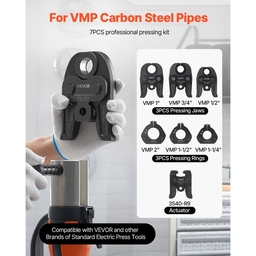 VEVOR 7PCS VMP Pressing Kit 1/2" to 2" - 3PCS Press Jaws, 3PCS Press Rings, 1PCS Actuator - Compatible with Megapress