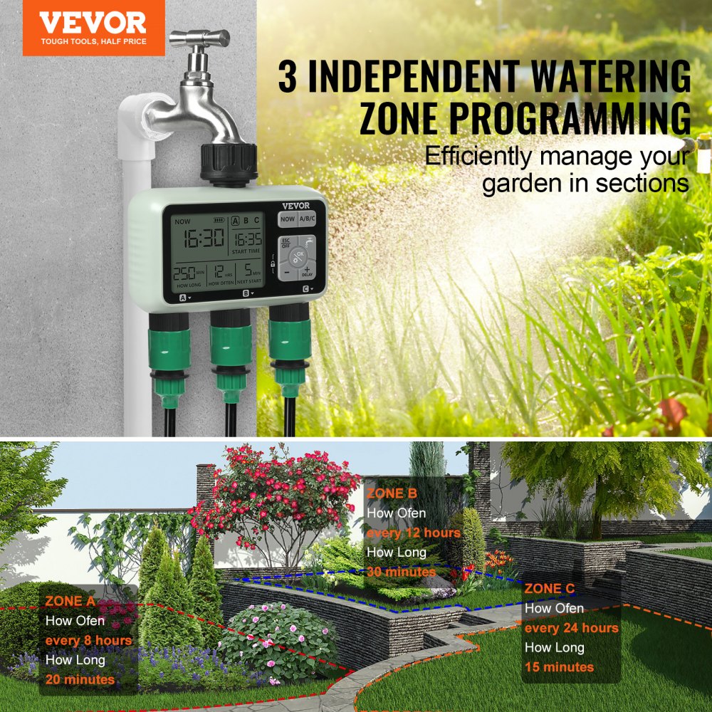 VEVOR Water Timer, 3 Outlets, Hose Watering Sprinkler Timer, with 3 Independent Watering Zone LCD Display Rain Delay