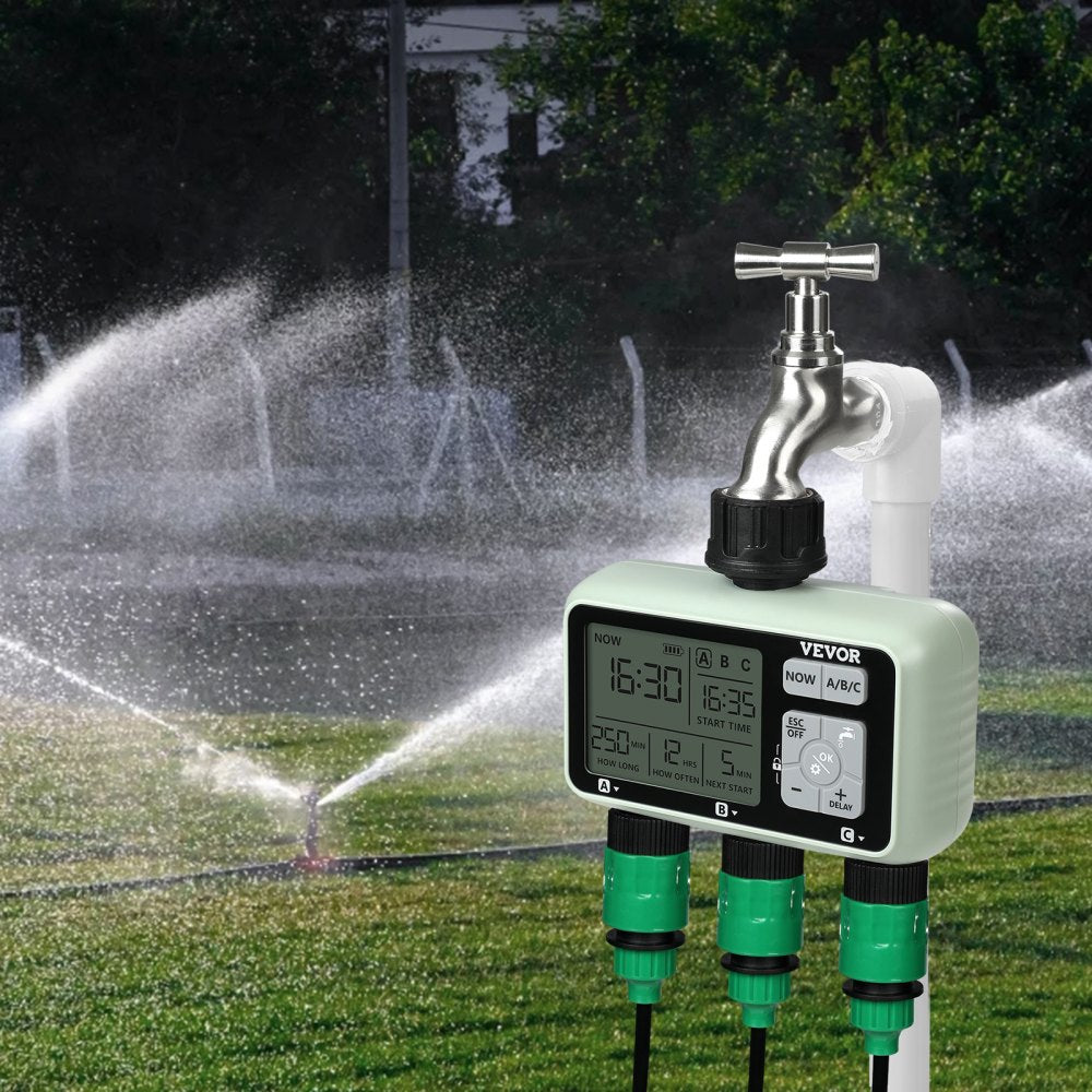 VEVOR Water Timer, 3 Outlets, Hose Watering Sprinkler Timer, with 3 Independent Watering Zone LCD Display Rain Delay