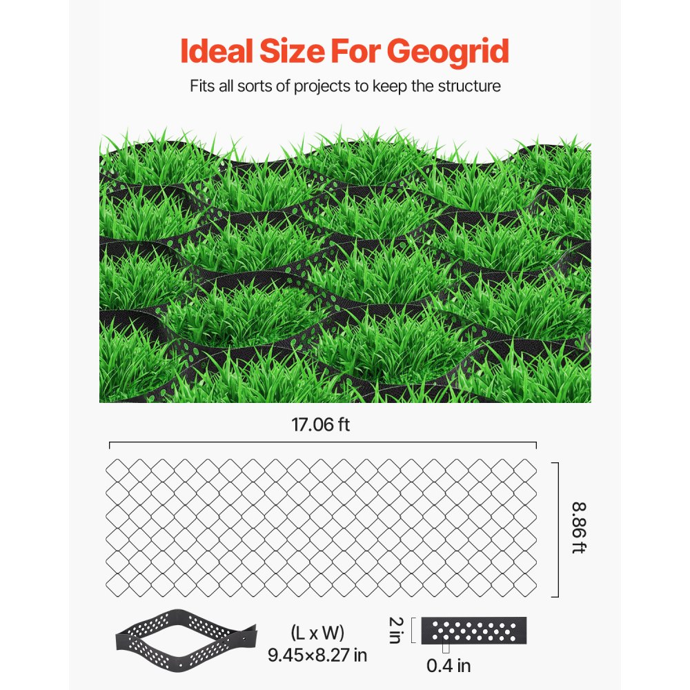 VEVOR Gravel Grid, 2 Inch Depth, 17.06 x 8.86 FT / 5200 x 2700 mm, 1880 LBS Per Sq ft Grass Ground Retainer, Permeable