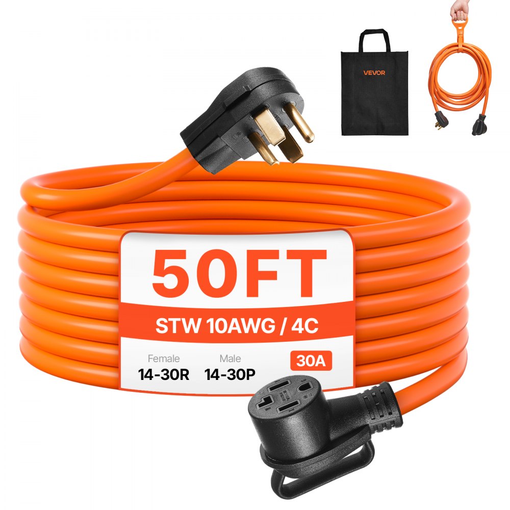 VEVOR 50 ft Dryer Extension Cord, 4-Prong NEMA 14-30P to 14-30R Dryer Cord, 125V/250V, STW 10AWG/4C, 30A, Pure Copper