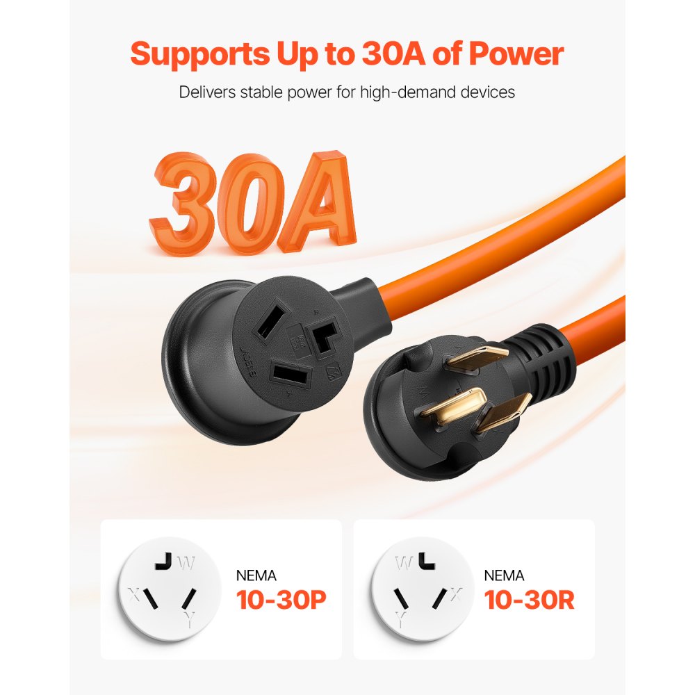 VEVOR 50 ft Dryer Extension Cord, 3-Prong NEMA 10-30P to 10-30R Dryer Cord, 125V/250V STW 10AWG/3C, 30A, Pure Copper