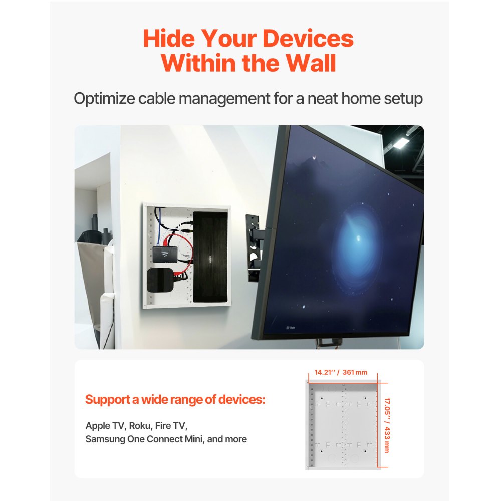 VEVOR Structured Media Enclosure, 17-Inch, Recessed in-Wall Media Box with Cover, Wall-Mount Cable Management Box Kit